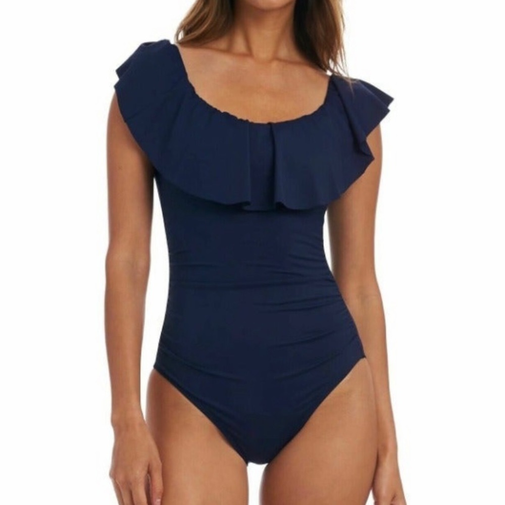 La Blanca Women's Island Goddess Off Shoulder Ruffle Swimsuit Indigo, 6